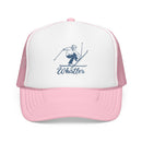 Kids Whistler, Canada Snow Ski Trucker Hat - Youth Snapback on white background