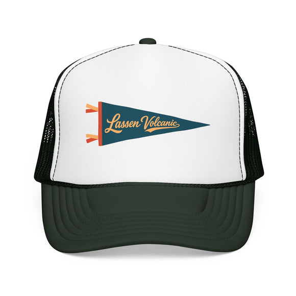 Lassen Volcanic National Park Pennant Trucker Hat — Vintage Foam Mesh Cap