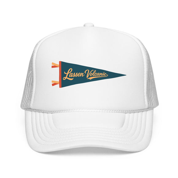 Lassen Volcanic National Park Pennant Trucker Hat — Vintage Foam Mesh Cap
