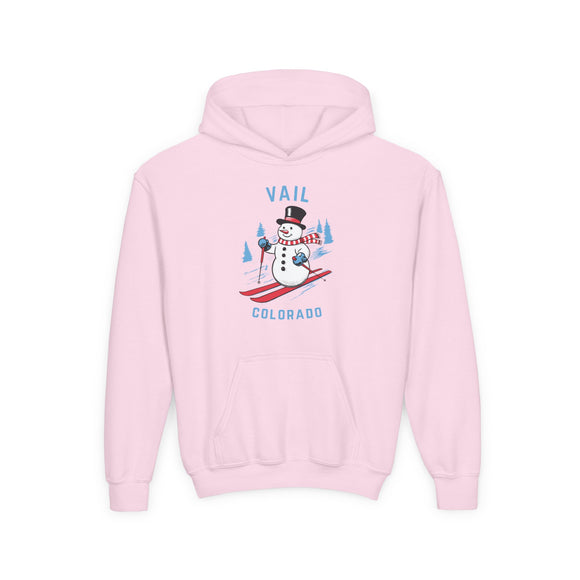 Vail, Colorado Youth Hoodie - Skiing Snowman Kids Vail Hooded Sweatshirt