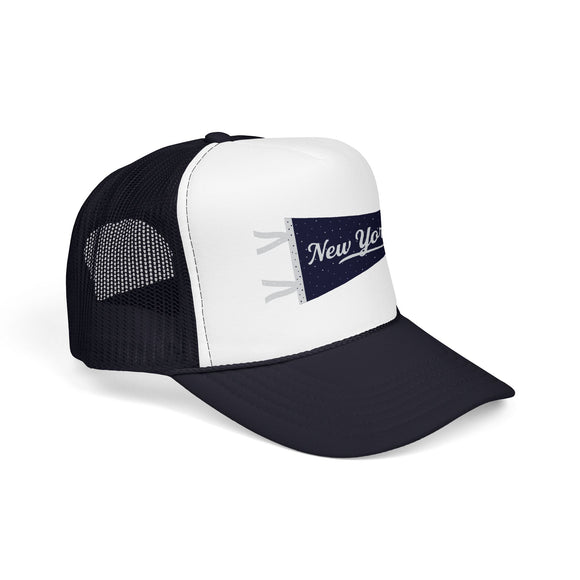 New York Pennant Trucker Hat — Pink Foam Mesh Cap