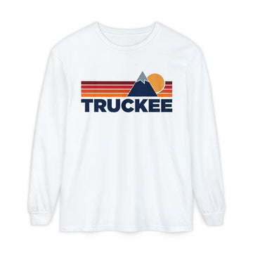 Truckee, California Long Sleeve T-Shirt Retro Mountain, Unisex Truckee Unisex Garment-dyed Long Sleeve T-Shirt - Stripe Wordmark - 0