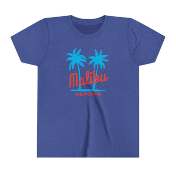 Buy heather-true-royal Malibu, California Youth Shirt - Retro Palm Tree Malibu Kid's T-Shirt