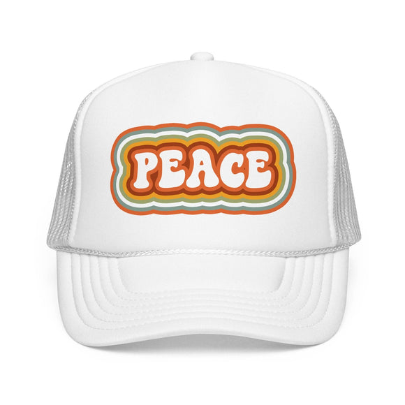 Kids Retro Peace Trucker Hat Boho - Youth Snapback Cap on white background
