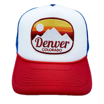 Buy red-white-blue Denver, Colorado Trucker Hat - Retro Mountain Snapback Denver Hat