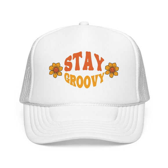 Kids Stay Groovy Trucker Hat Boho - Youth Snapback Cap on white background