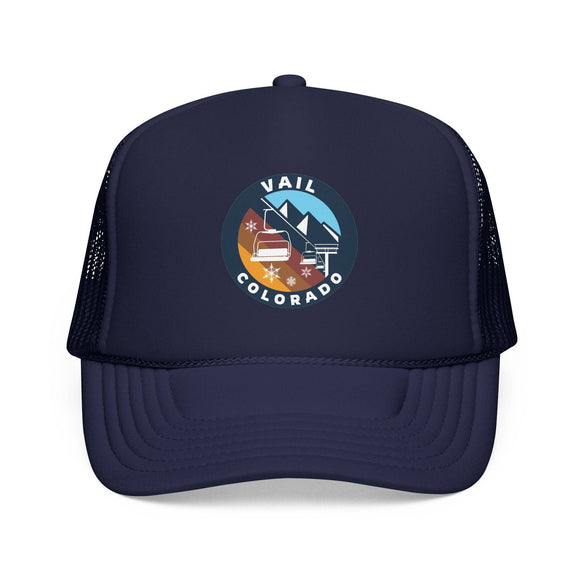 Kids Vail, Colorado Retro Ski Lift Mountain Foam Trucker Hat on white background