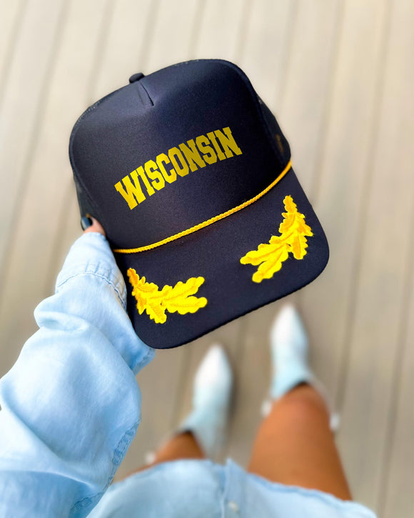 Wisconsin black trucker hat with gold varsity lettering, gold rope and gold oak leaves on the visor