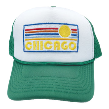 Buy kelly-green-white Kids' Chicago, Illinois Trucker Hat - Retro Sunrise Snapback Youth Hat