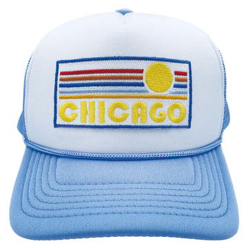 Buy light-blue-white Kids' Chicago, Illinois Trucker Hat - Retro Sunrise Snapback Youth Hat