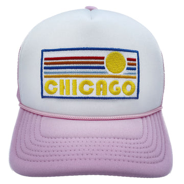 Buy pink-white Kids' Chicago, Illinois Trucker Hat - Retro Sunrise Snapback Youth Hat