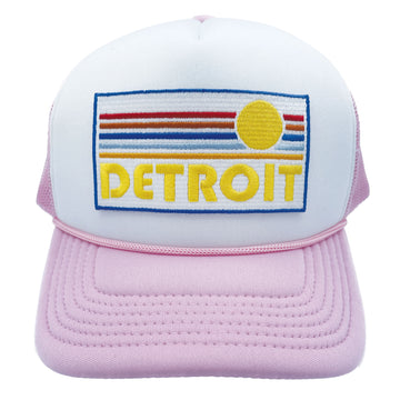 Buy pink-white Kids' Detroit, Michigan Trucker Hat - Retro Sunrise Snapback Youth Hat