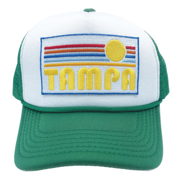 Buy kelly-green-white Kids' Tampa, Florida Trucker Hat - Retro Sunrise Snapback Youth Hat