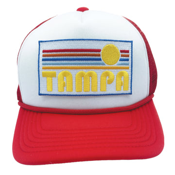 Buy red-white Kids' Tampa, Florida Trucker Hat - Retro Sunrise Snapback Youth Hat