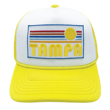 Buy yellow-white Kids' Tampa, Florida Trucker Hat - Retro Sunrise Snapback Youth Hat