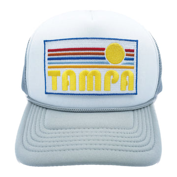 Buy gray-white Kids' Tampa, Florida Trucker Hat - Retro Sunrise Snapback Youth Hat