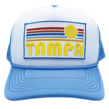 Buy light-blue-white Kids' Tampa, Florida Trucker Hat - Retro Sunrise Snapback Youth Hat