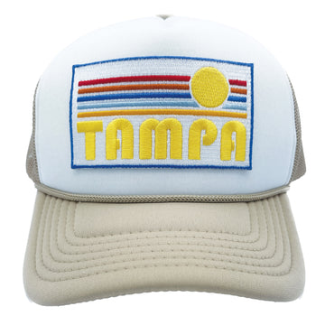 Buy tan-white Kids' Tampa, Florida Trucker Hat - Retro Sunrise Snapback Youth Hat
