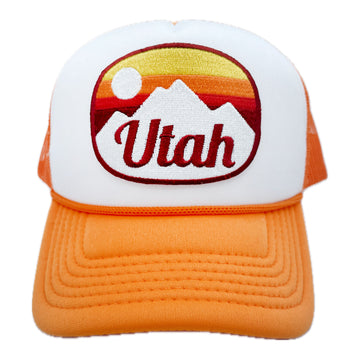 Buy orange-white Kid's Utah Trucker Hat - Retro Mountain Snapback Youth Hat