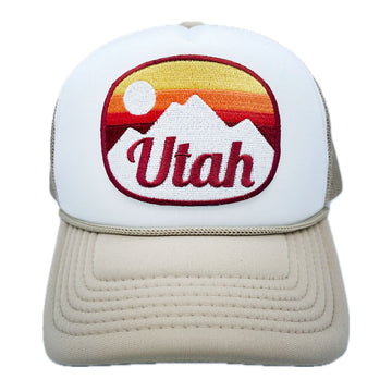Buy tan-white Kid's Utah Trucker Hat - Retro Mountain Snapback Youth Hat