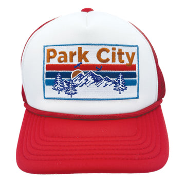 Buy red-white Kid's Park City, Utah Trucker Hat - Retro Mountain Snapback Youth Hat