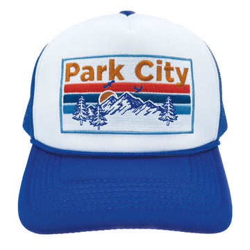 Buy royal-blue-white Kid's Park City, Utah Trucker Hat - Retro Mountain Snapback Youth Hat
