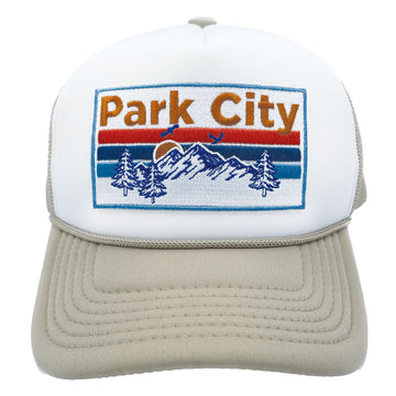 Buy tan-white Kid's Park City, Utah Trucker Hat - Retro Mountain Snapback Youth Hat