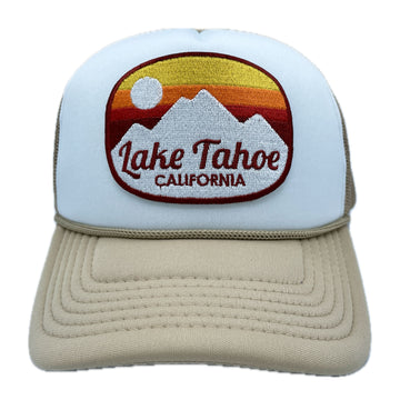 Buy tan-white Kid's Lake Tahoe, California Trucker Hat - Retro Mountain Snapback Youth Hat