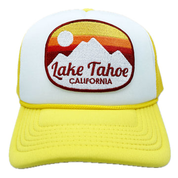 Buy yellow-white Kid's Lake Tahoe, California Trucker Hat - Retro Mountain Snapback Youth Hat