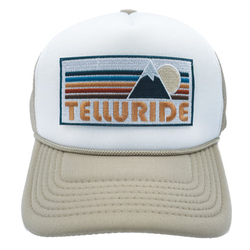 Buy tan-white Kids' Telluride, Colorado Trucker Hat - Retro Mountain Snapback Youth Hat