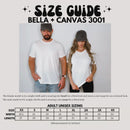 Bella + Canvas 3001 t-shirt size guide video: a 5'4" female model wearing size Small and a 6'0" male model wearing size Large, with chest width and body length by size