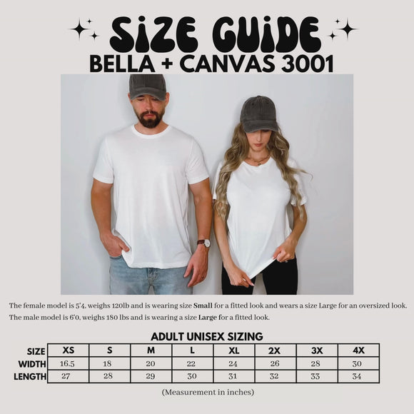 Bella + Canvas 3001 t-shirt size guide video: a 5'4" female model wearing size Small and a 6'0" male model wearing size Large, with chest width and body length by size