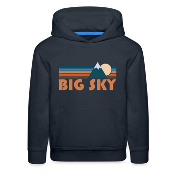Big Sky, Montana Youth Hoodie - Retro Mountain Youth Big Sky Hooded Sweatshirt - navy