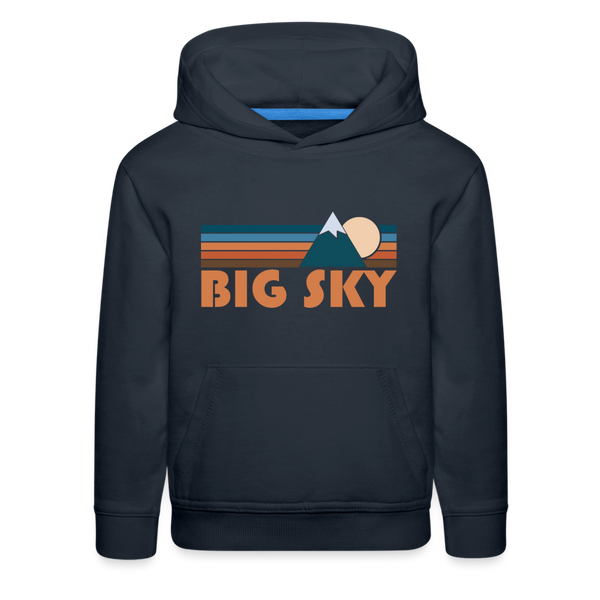 Big Sky, Montana Youth Hoodie - Retro Mountain Youth Big Sky Hooded Sweatshirt - navy