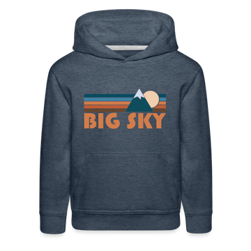 Big Sky, Montana Youth Hoodie - Retro Mountain Youth Big Sky Hooded Sweatshirt - heather denim