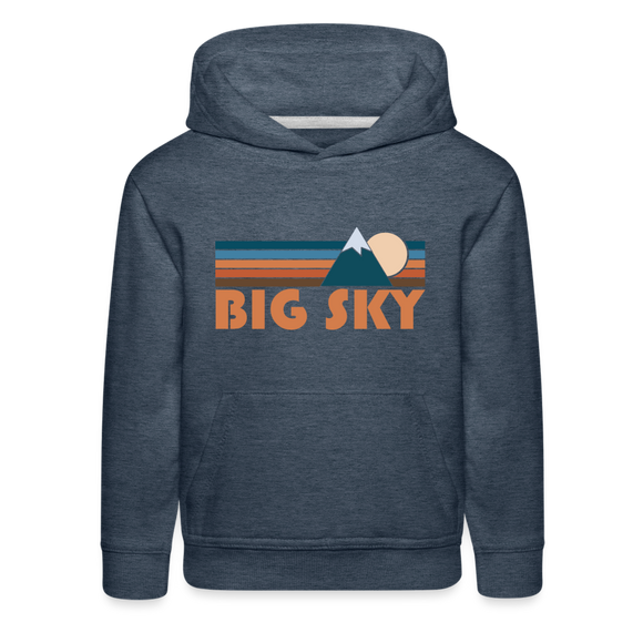 Big Sky, Montana Youth Hoodie - Retro Mountain Youth Big Sky Hooded Sweatshirt - heather denim