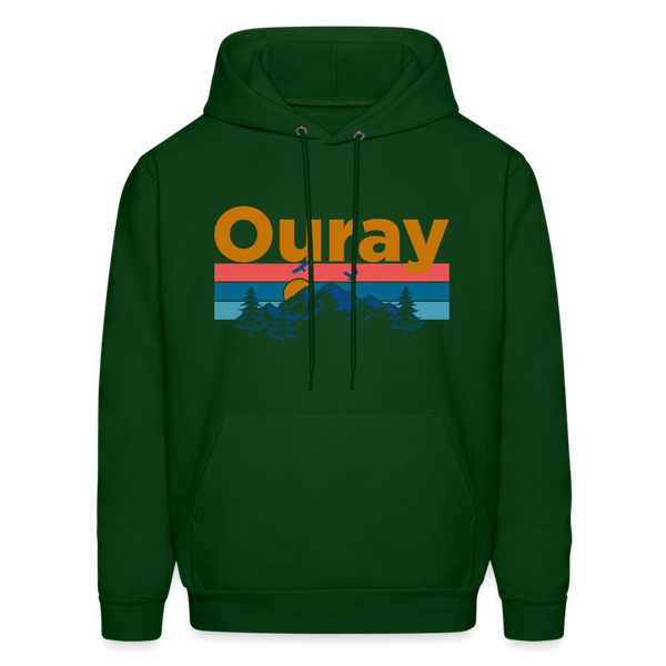 Ouray, Colorado Hoodie - Retro Mountain & Birds Ouray Hooded Sweatshirt - forest green