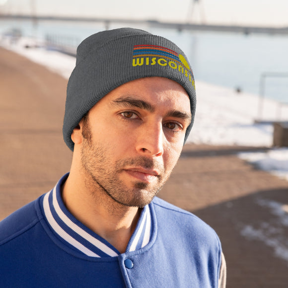 Wisconsin Beanie - Adult Embroidered Retro Sunset Wisconsin Knit Hat