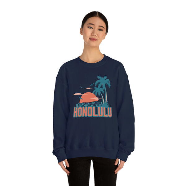 Honolulu, Hawaii Sweatshirt - Unisex Retro Palm Tree Crewneck Honolulu Sweatshirt