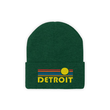 Buy hunter-green Detroit, Michigan Beanie - Adult Embroidered Retro Sunset Detroit Knit Hat