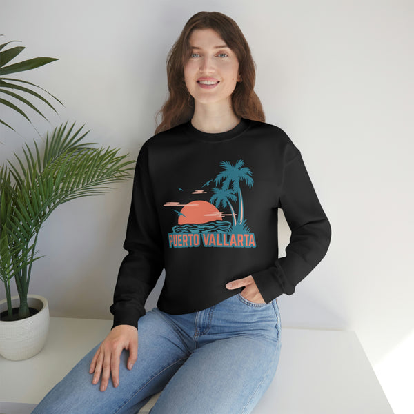 Puerto Vallarta, Mexico Sweatshirt - Unisex Retro Palm Tree Crewneck Puerto Vallarta Sweatshirt