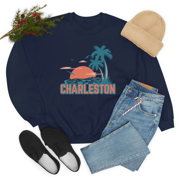 Charleston, South Carolina Sweatshirt - Unisex Retro Palm Tree Crewneck Charleston Sweatshirt