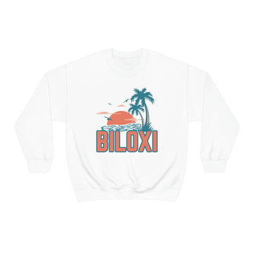 Buy white Biloxi, Mississippi Sweatshirt - Unisex Retro Palm Tree Crewneck Biloxi Sweatshirt
