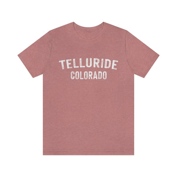 Buy heather-mauve Telluride, Colorado Shirt - Paint Text Unisex Telluride T-Shirt