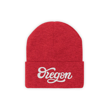 Buy true-red Oregon Beanie - Adult Hand Lettered Embroidered Oregon Knit Hat