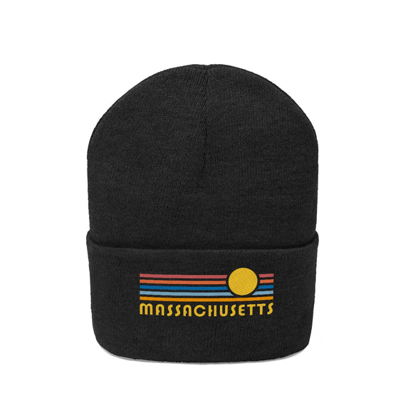Massachusetts Beanie - Adult Embroidered Retro Sunset Massachusetts Knit Hat