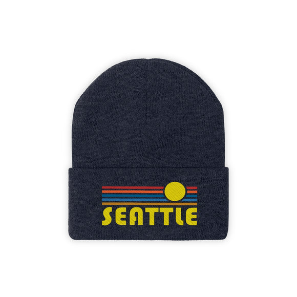 Seattle, Washington Beanie - Adult Embroidered Retro Sunset Seattle Knit Hat
