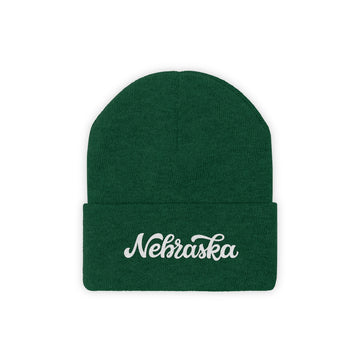 Buy hunter-green Nebraska Beanie - Adult Hand Lettered Embroidered Nebraska Knit Hat