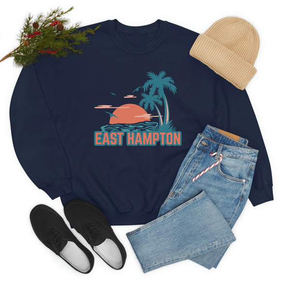 East Hampton, New York Sweatshirt - Unisex Retro Palm Tree Crewneck East Hampton Sweatshirt