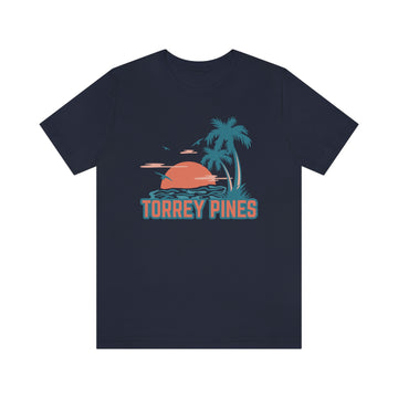 Buy navy Torrey Pines, California T-Shirt - Retro Palm Tree &amp; Beach Unisex Torrey Pines Shirt - Palm Stripe Sunset